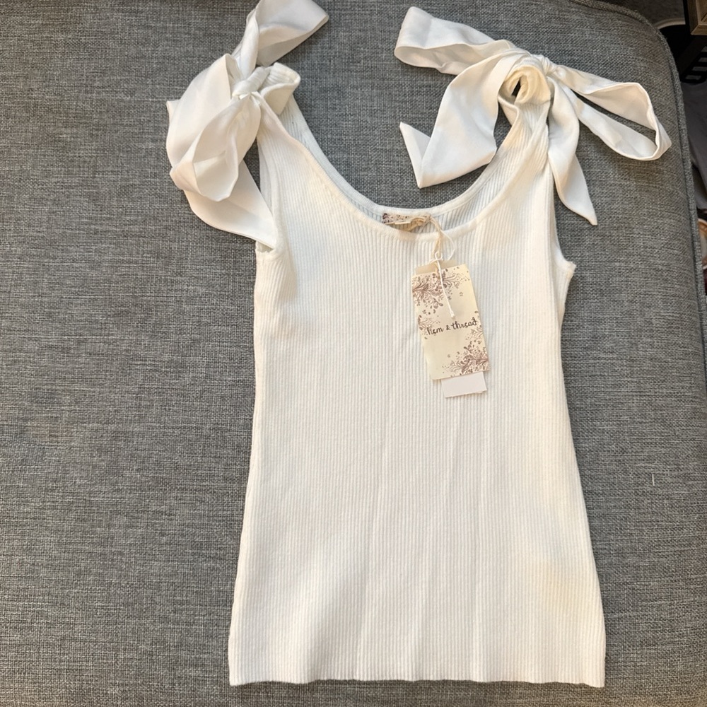Hem & Thread Cream Ribbed Tie-Shoulder Tank Top